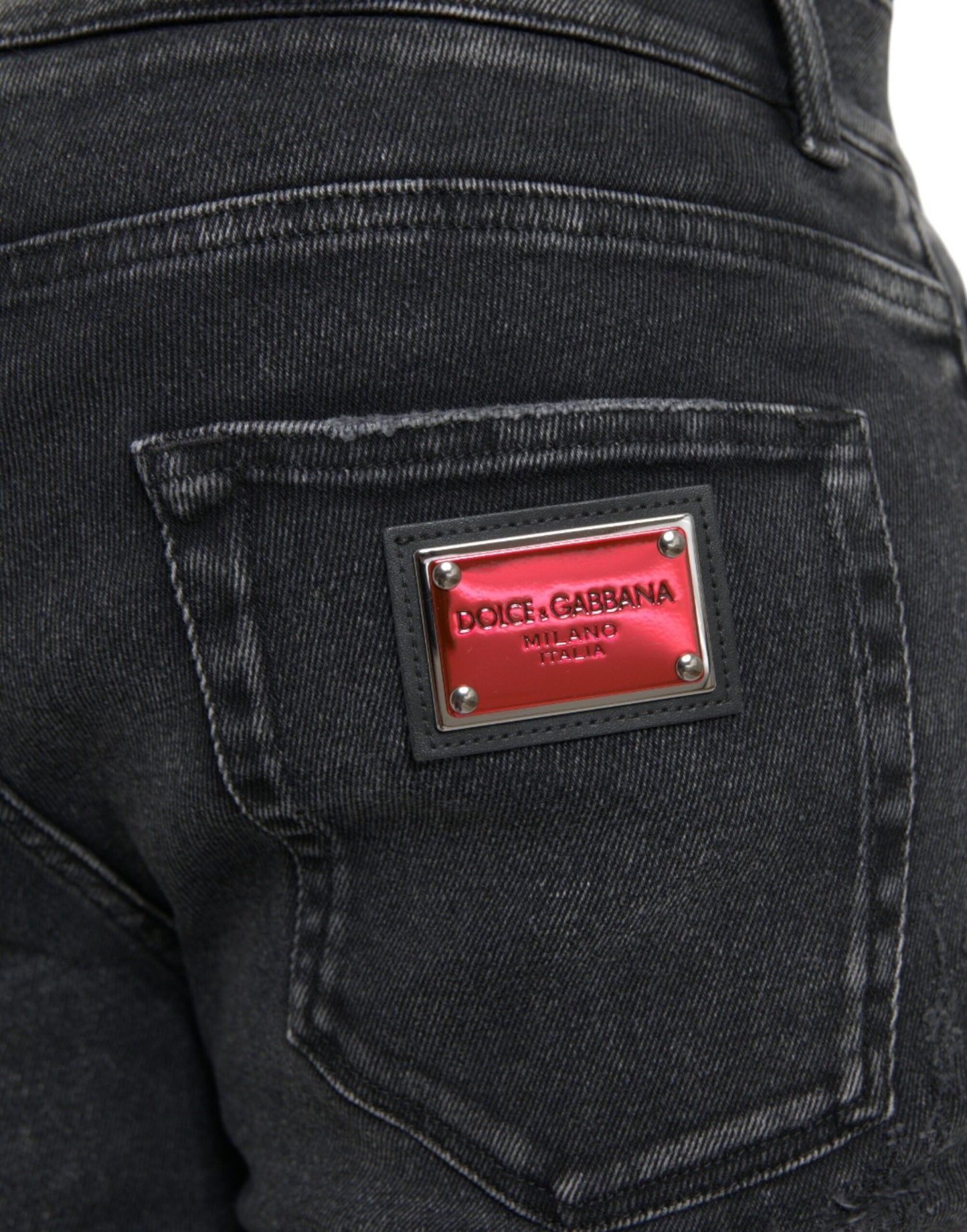 Dolce & Gabanna Slim Black Vintage Denim Red Logo