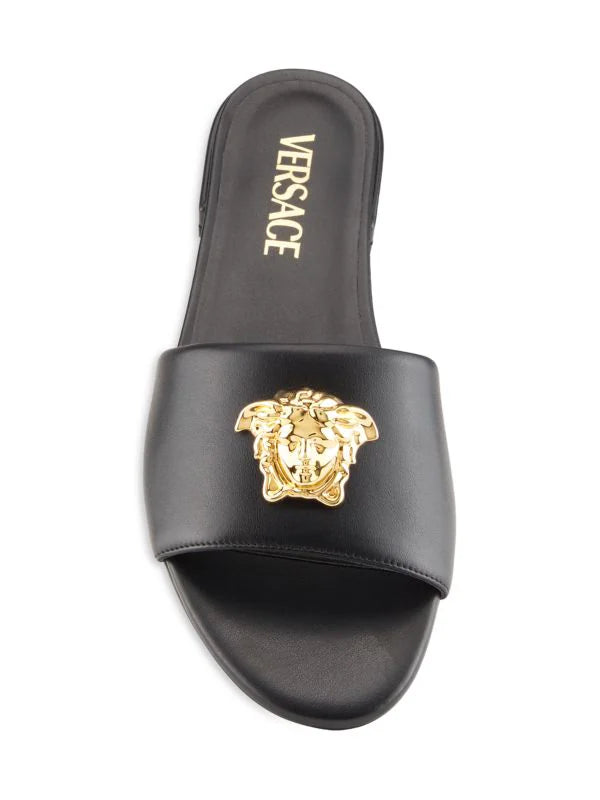 Versace La Medusa Gold Logo Flat Black Sandal