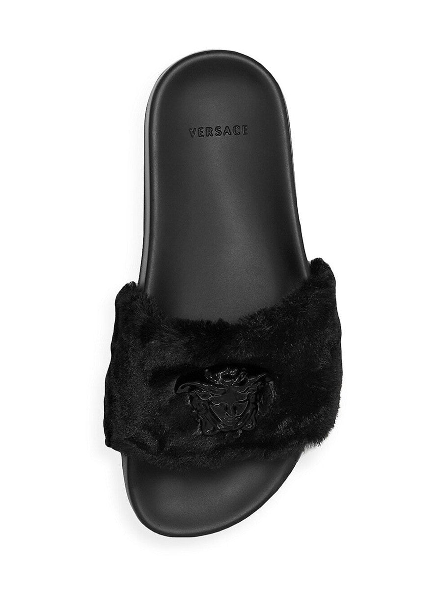 Versace LA Medusa Faux Fur Slides Black (Women's)