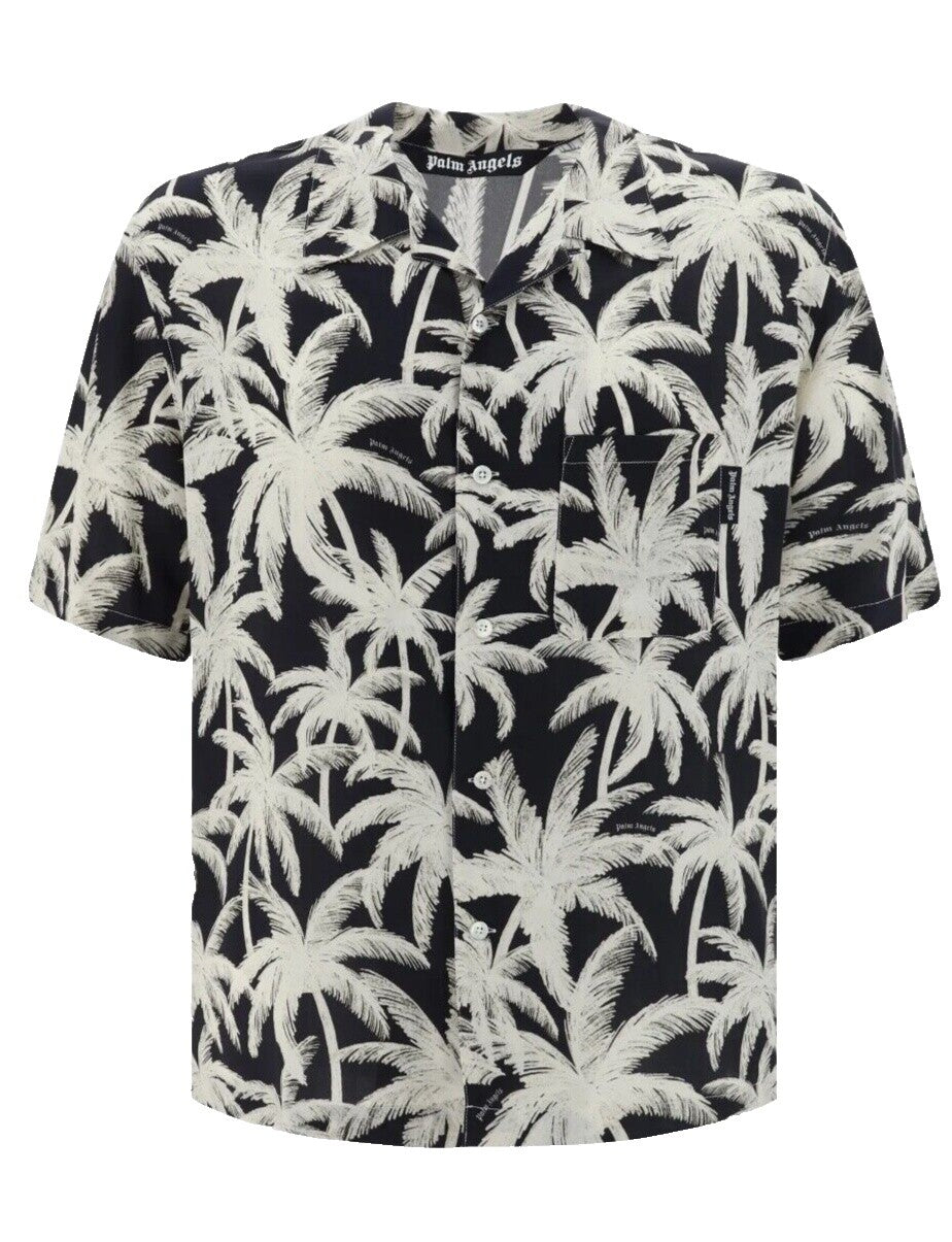 Palm Angels Palm Print Short Sleeve Button-Up Camp Shirt In Black Off White