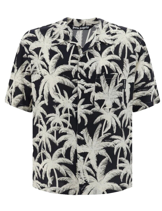 Palm Angels Palm Print Short Sleeve Button-Up Camp Shirt In Black Off White