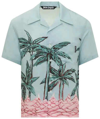 Palm Angels Palms Row Button Up Bowling Shirt Light Blue Green