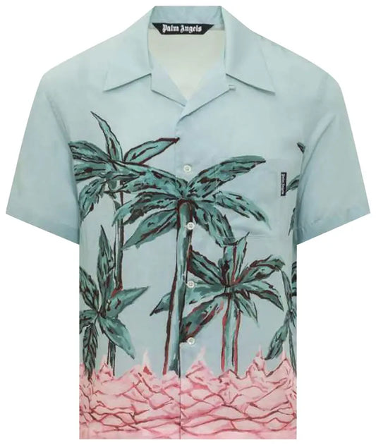 Palm Angels Palms Row Button Up Bowling Shirt Light Blue Green
