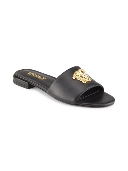 Versace La Medusa Gold Logo Flat Black Sandal