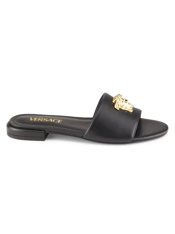 Versace La Medusa Gold Logo Flat Black Sandal