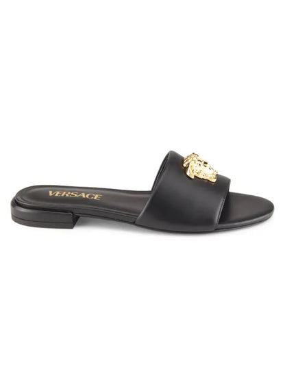 Versace La Medusa Gold Logo Flat Black Sandal