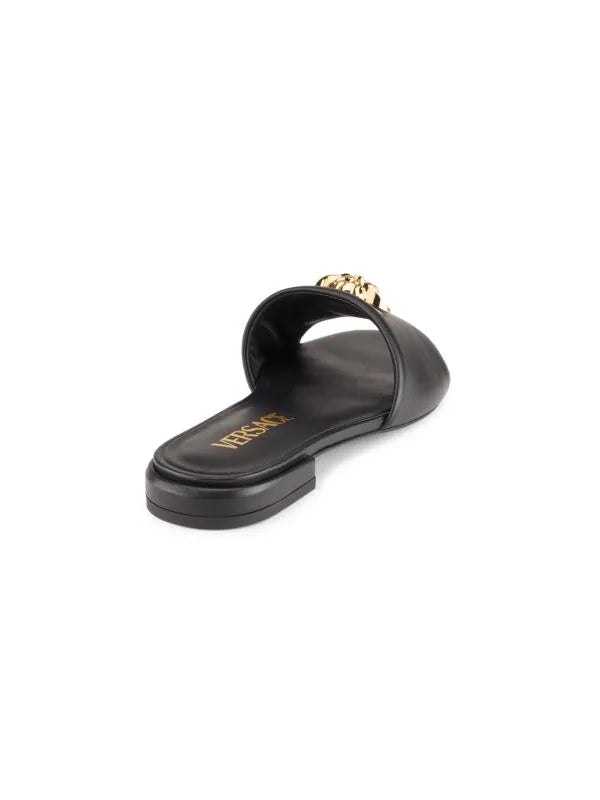 Versace La Medusa Gold Logo Flat Black Sandal
