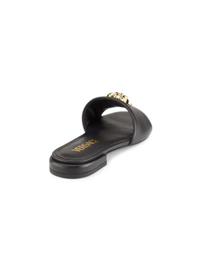 Versace La Medusa Gold Logo Flat Black Sandal